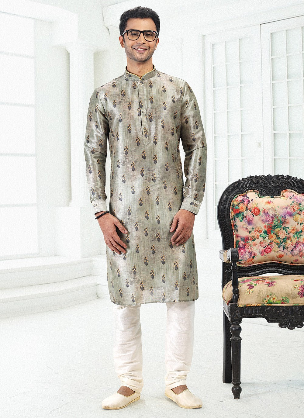 Digital Print Banarasi Silk Green Kurta Pyjama - M4922