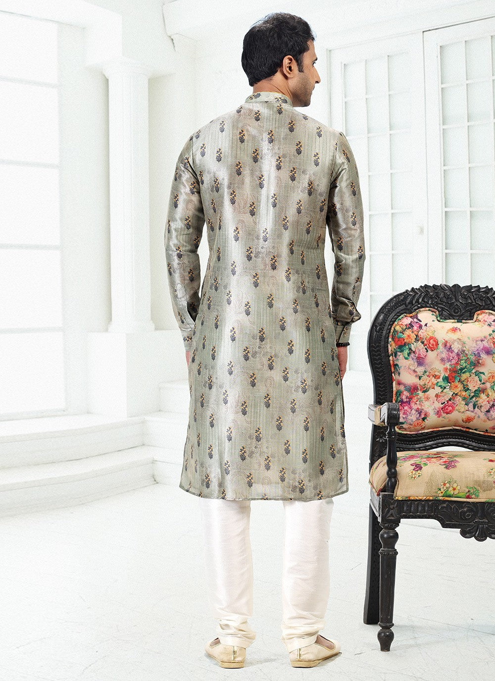 Digital Print Banarasi Silk Green Kurta Pyjama - M4922