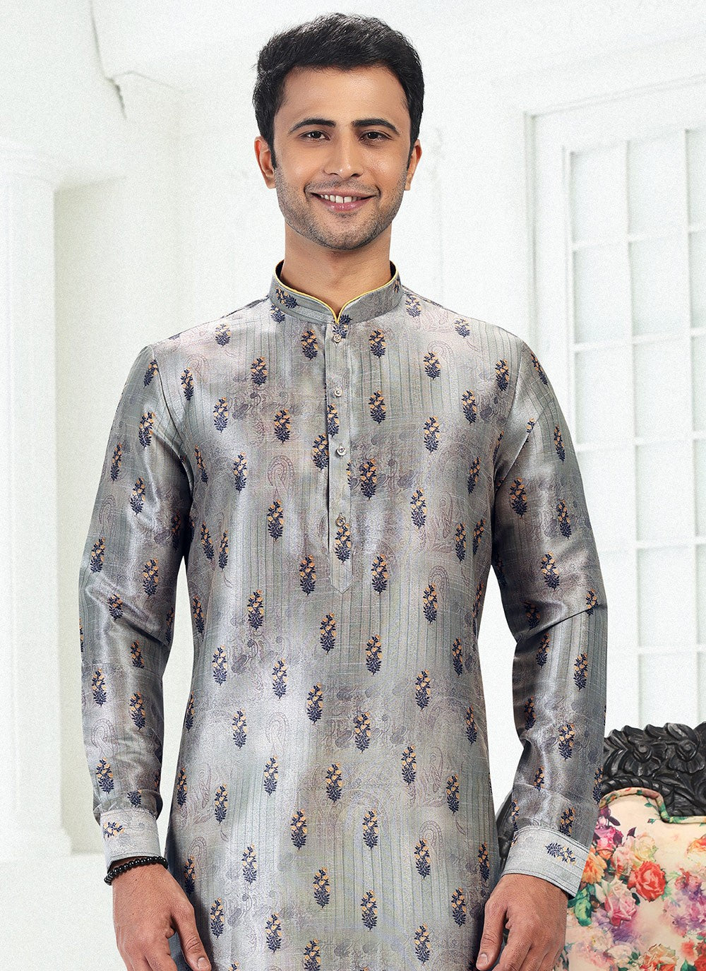 Digital Print Banarasi Silk Green Kurta Pyjama - M4922