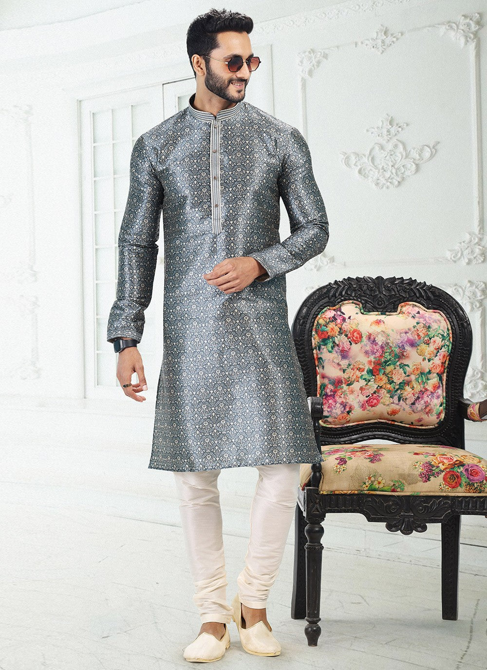 Digital Print Banarasi Silk Grey Kurta Pyjama - M4913