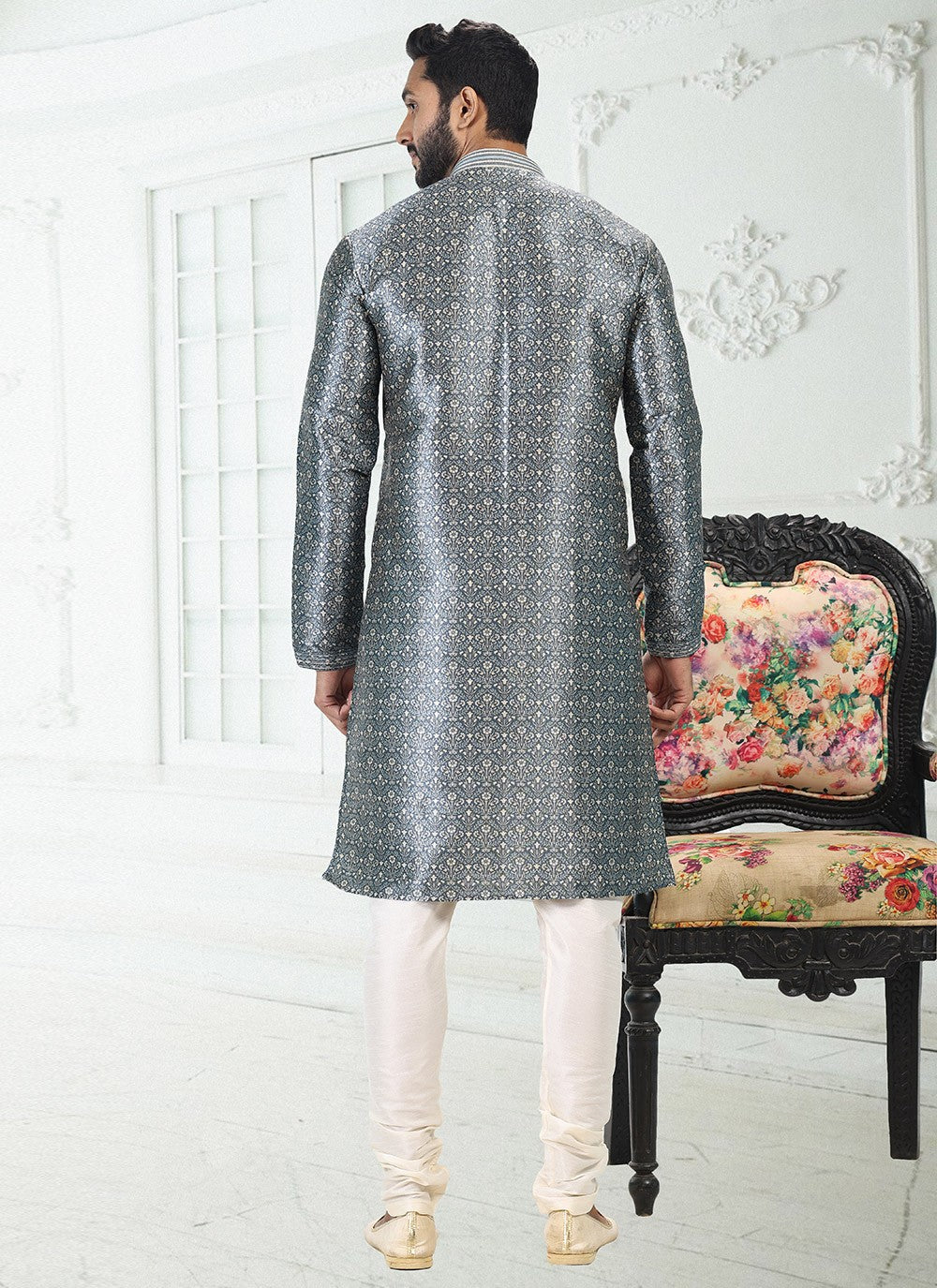 Digital Print Banarasi Silk Grey Kurta Pyjama - M4913