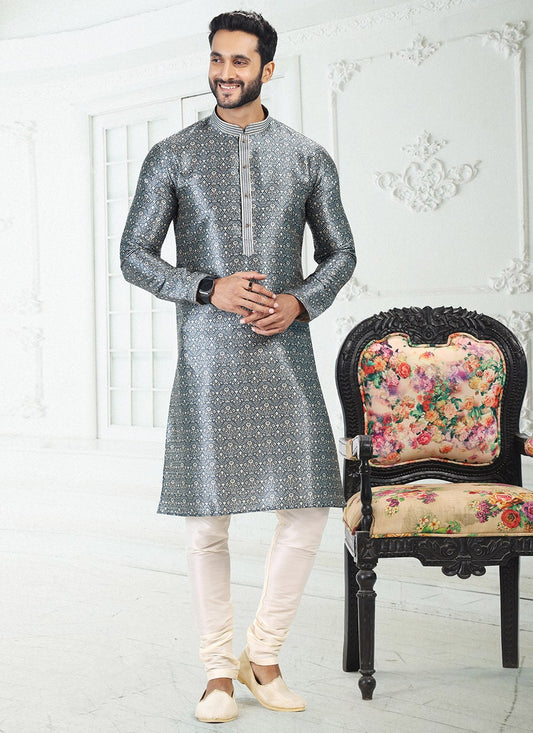 Digital Print Banarasi Silk Grey Kurta Pyjama - M4913