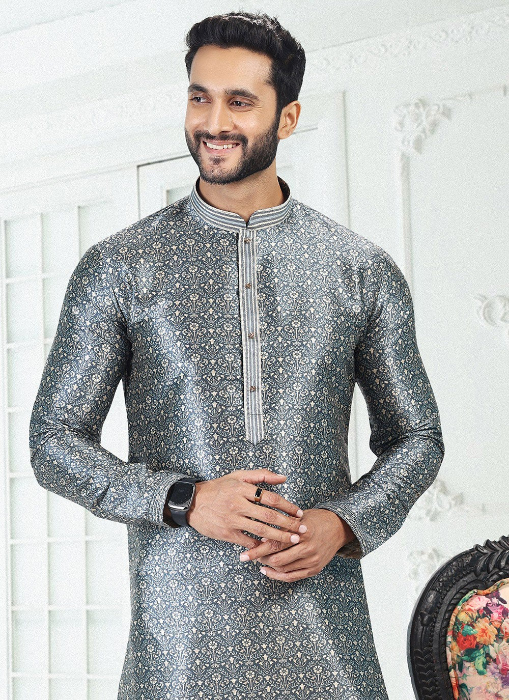 Digital Print Banarasi Silk Grey Kurta Pyjama - M4913