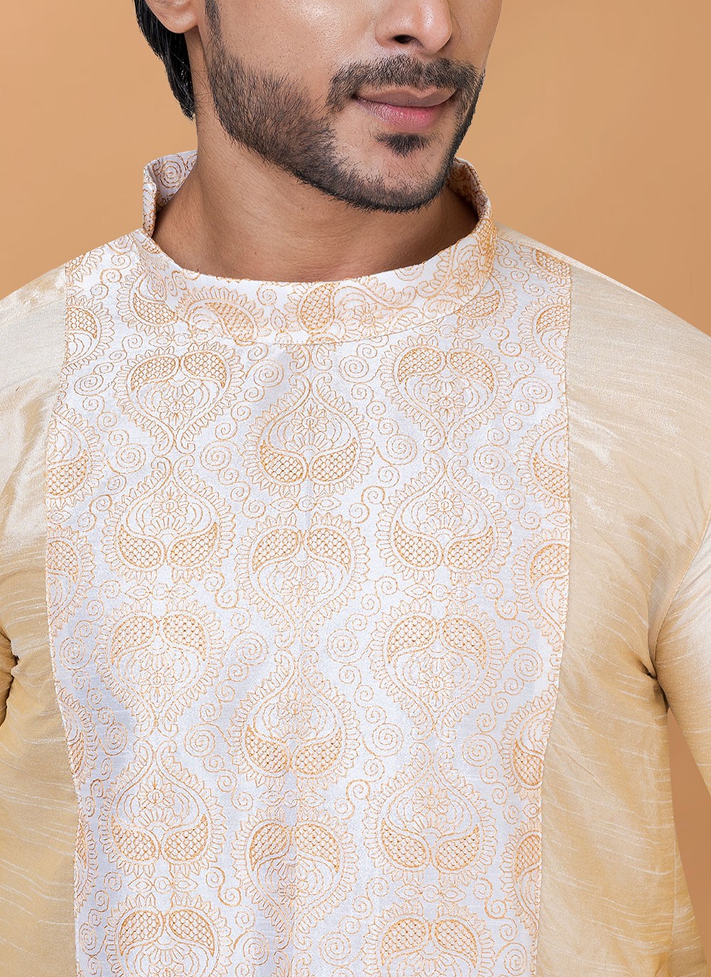 Embroidered Banarasi Silk Beige Kurta Pyjama - M5962