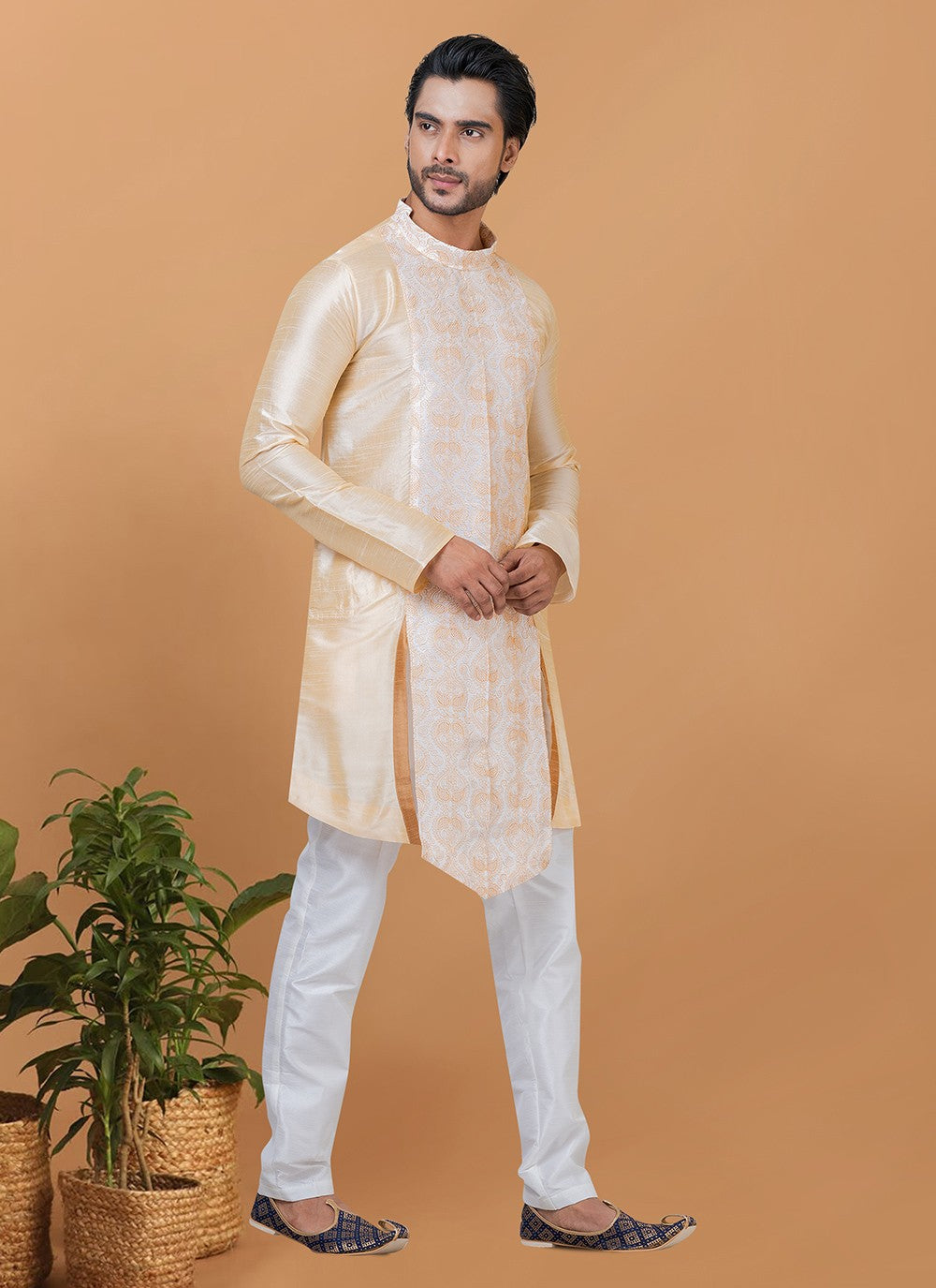 Embroidered Banarasi Silk Beige Kurta Pyjama - M5962