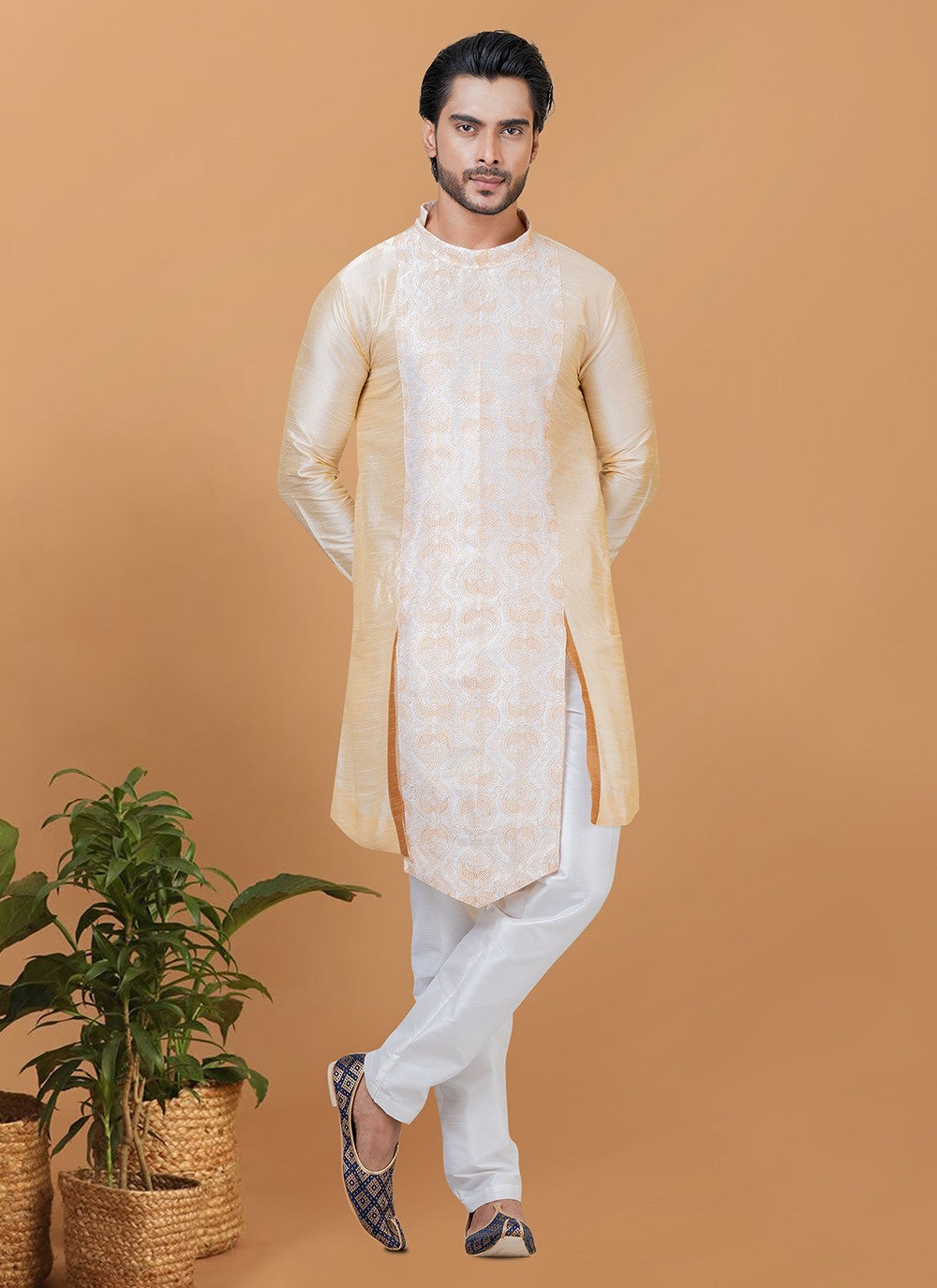 Embroidered Banarasi Silk Beige Kurta Pyjama - M5962