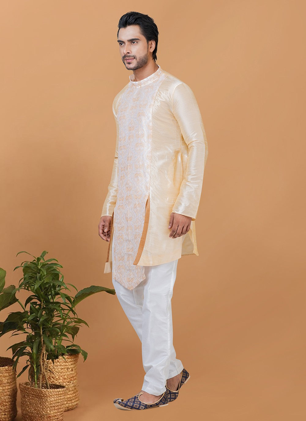 Embroidered Banarasi Silk Beige Kurta Pyjama - M5962