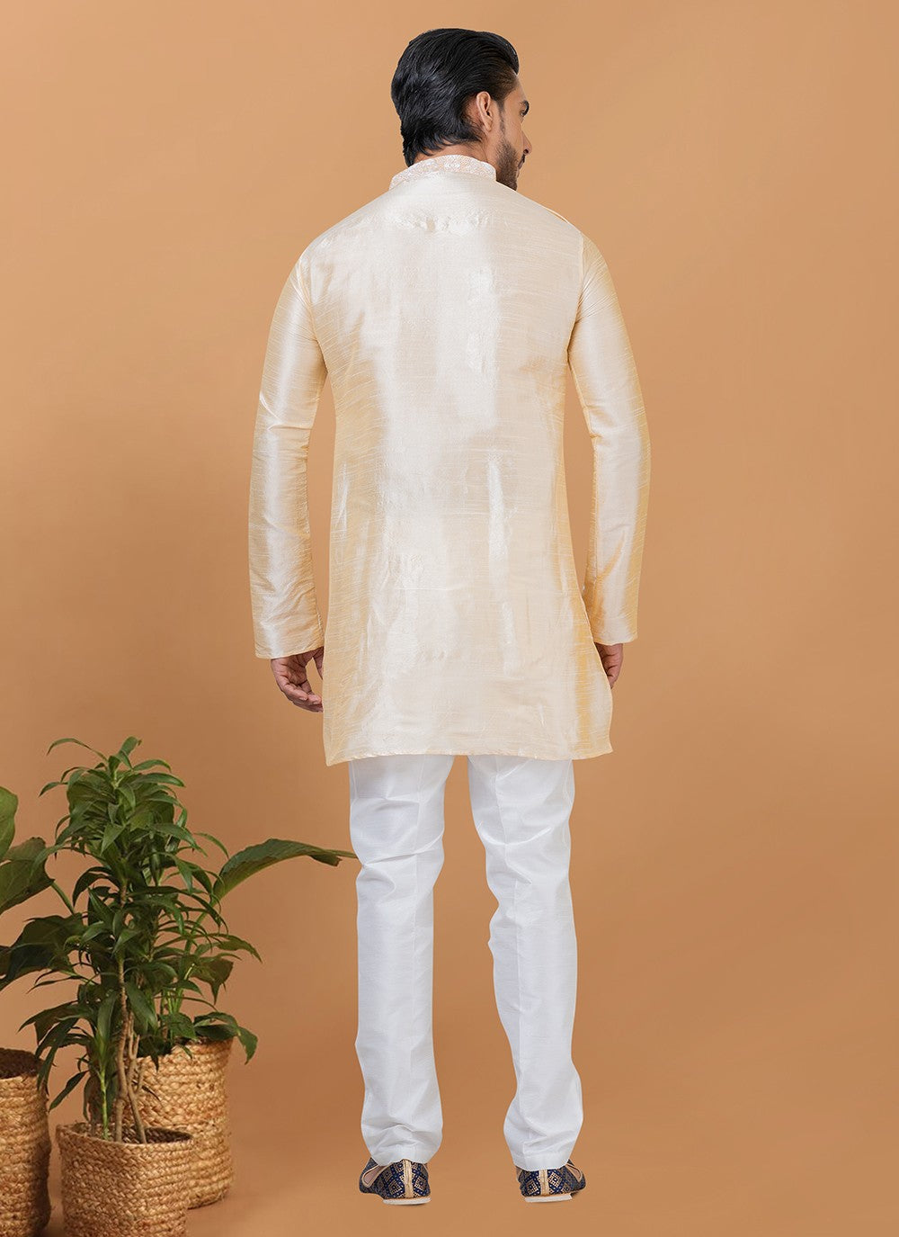 Embroidered Banarasi Silk Beige Kurta Pyjama - M5962