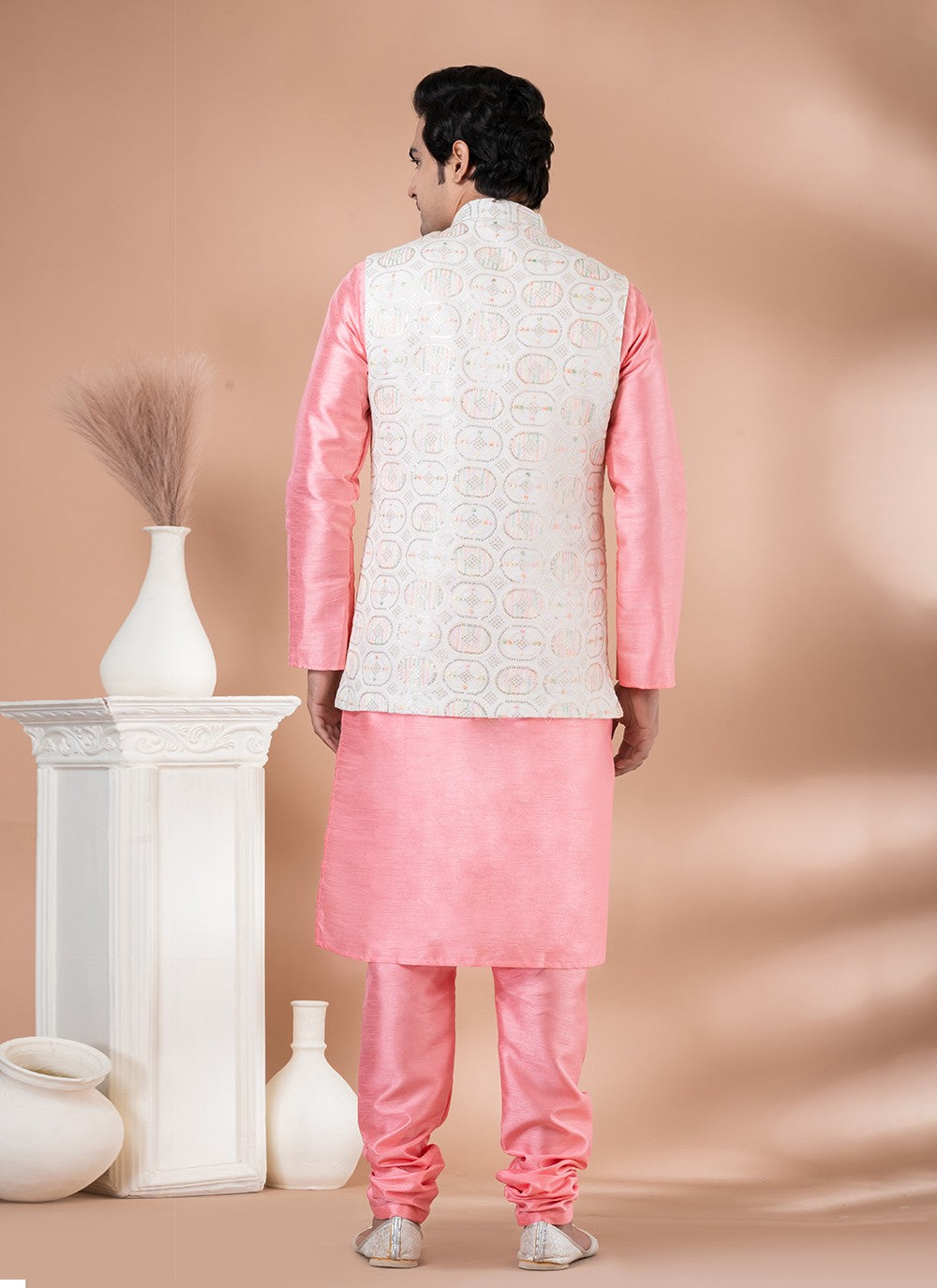 Embroidered Banarasi Silk Multi Colour, Pink Kurta Payjama With Jacket - M7721