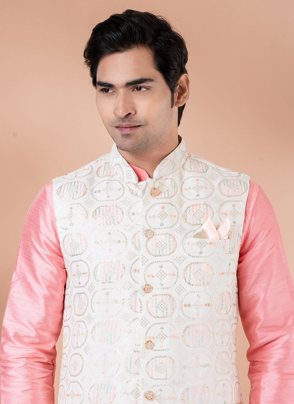 Embroidered Banarasi Silk Multi Colour, Pink Kurta Payjama With Jacket - M7721