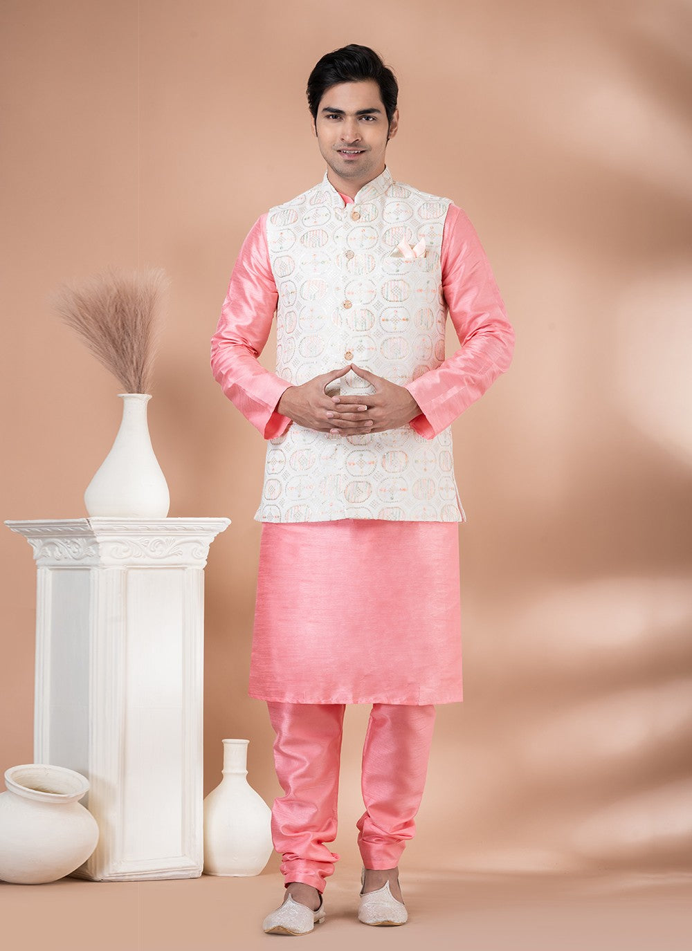 Embroidered Banarasi Silk Multi Colour, Pink Kurta Payjama With Jacket - M7721