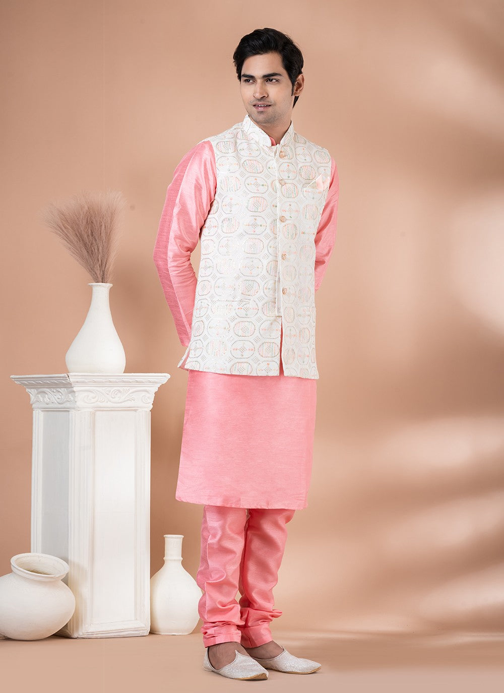 Embroidered Banarasi Silk Multi Colour, Pink Kurta Payjama With Jacket - M7721