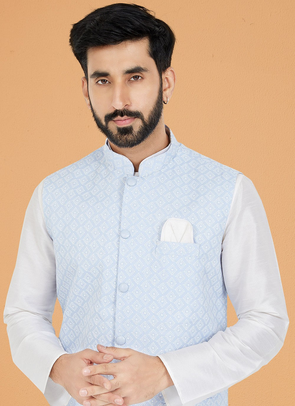 Fancy Work Banarasi Silk Aqua Blue, White Kurta Payjama With Jacket - M5323