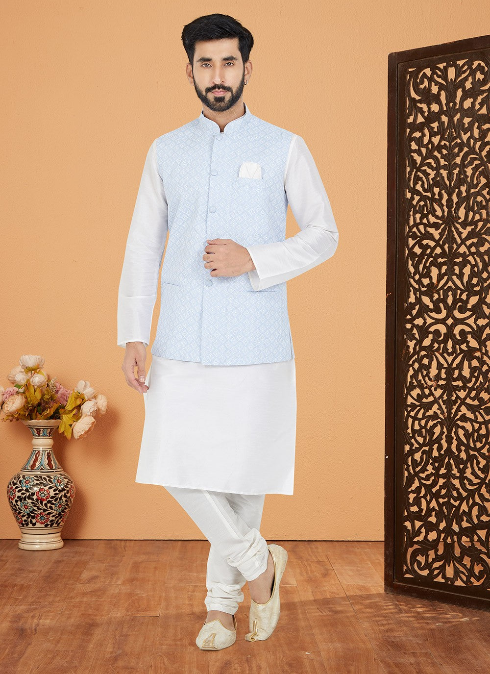 Fancy Work Banarasi Silk Aqua Blue, White Kurta Payjama With Jacket - M5323