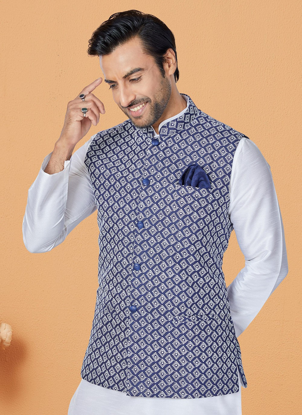 Fancy Work Banarasi Silk Blue, Off White Kurta Payjama With Jacket - M5313