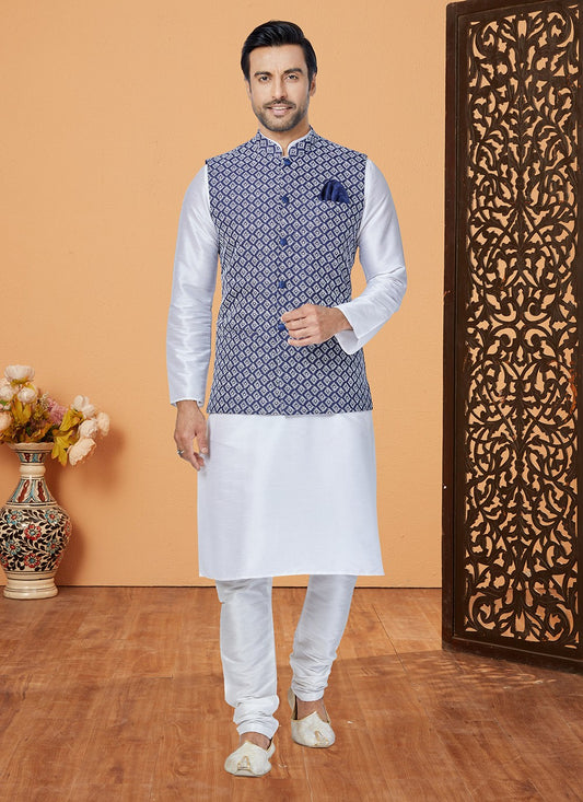 Fancy Work Banarasi Silk Blue, Off White Kurta Payjama With Jacket - M5313