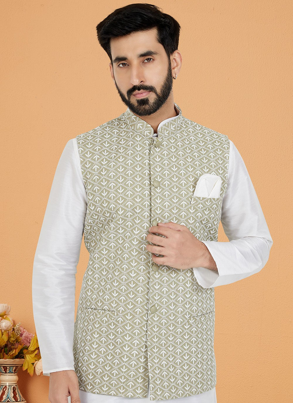 Fancy Work Banarasi Silk Khaki, White Kurta Payjama With Jacket - M5325