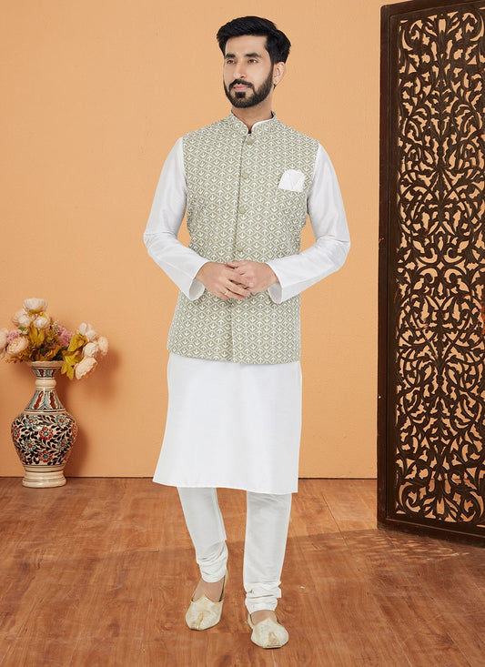 Fancy Work Banarasi Silk Khaki, White Kurta Payjama With Jacket - M5325