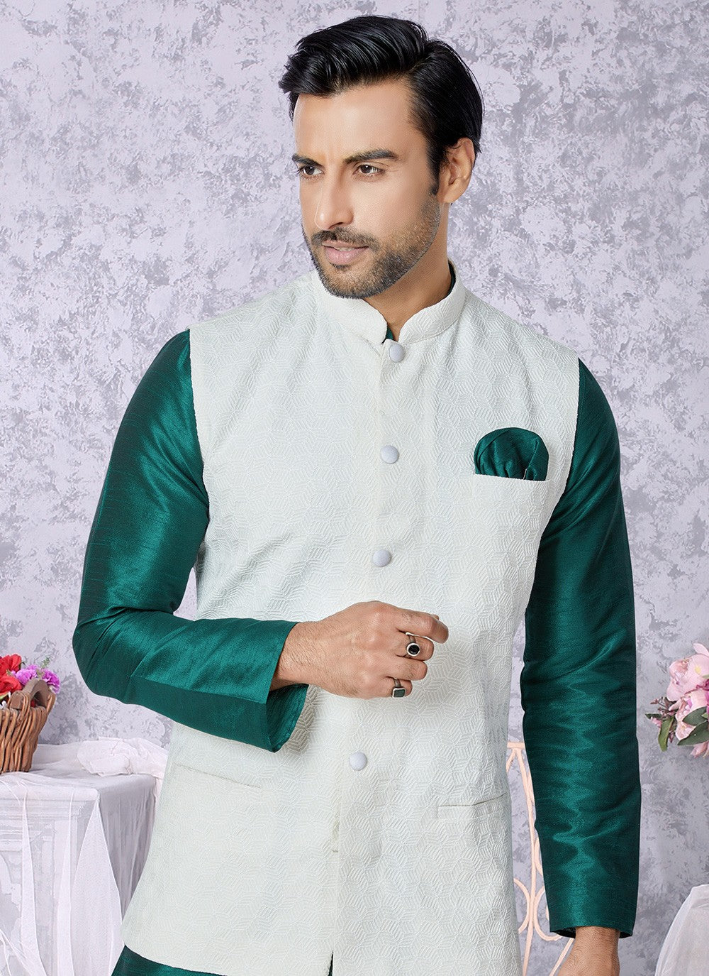 Fancy Work Banarasi Silk Green, Off White Kurta Payjama With Jacket - M5327