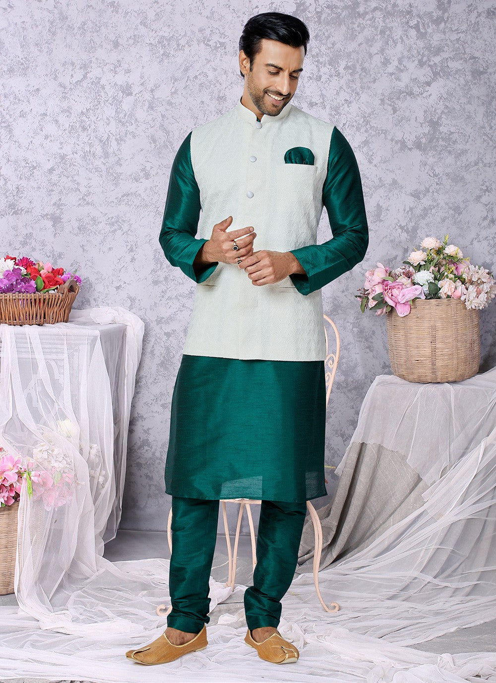 Fancy Work Banarasi Silk Green, Off White Kurta Payjama With Jacket - M5327