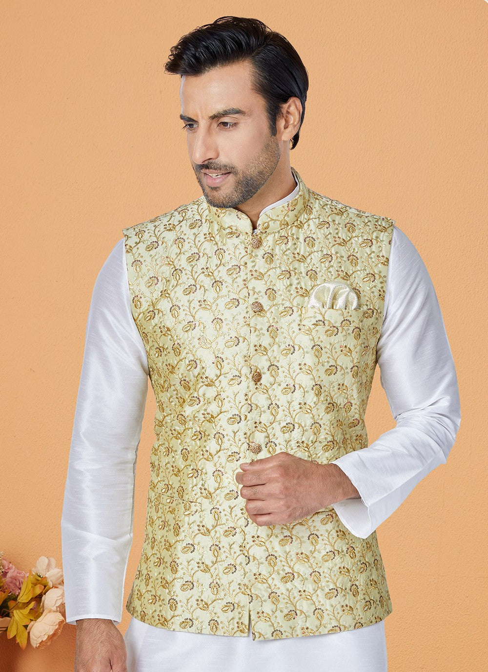 Fancy Work Banarasi Silk Green, White Kurta Payjama With Jacket - M5331