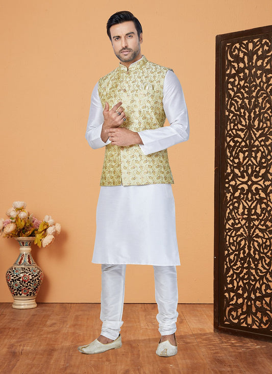 Fancy Work Banarasi Silk Green, White Kurta Payjama With Jacket - M5331