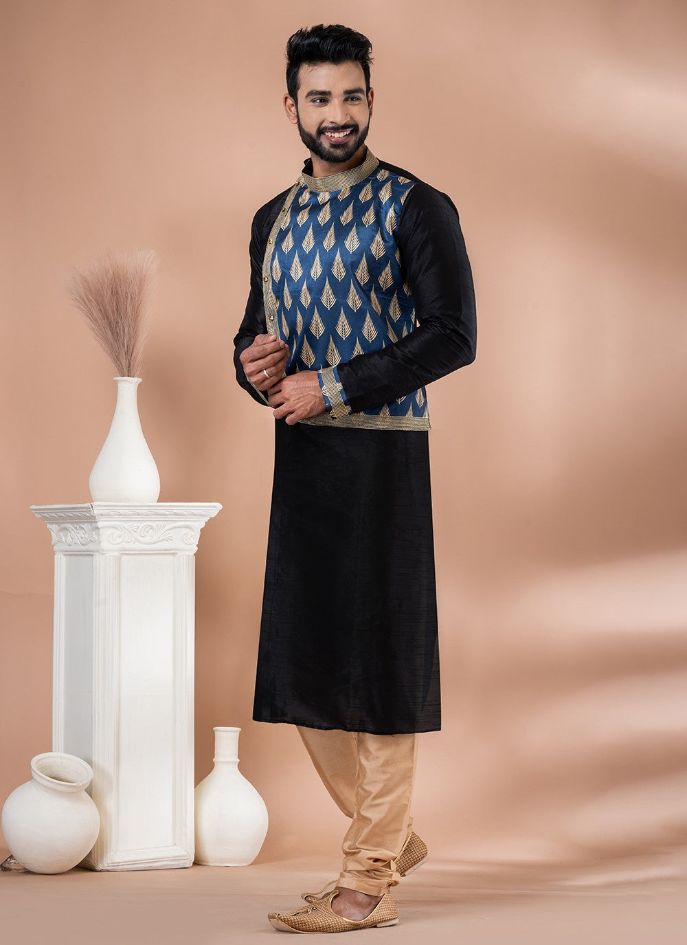 Fancy Work Banarasi Silk Black Kurta Pyjama - M6987