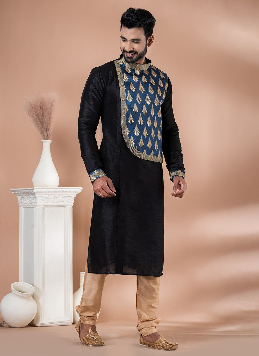 Fancy Work Banarasi Silk Black Kurta Pyjama - M6987