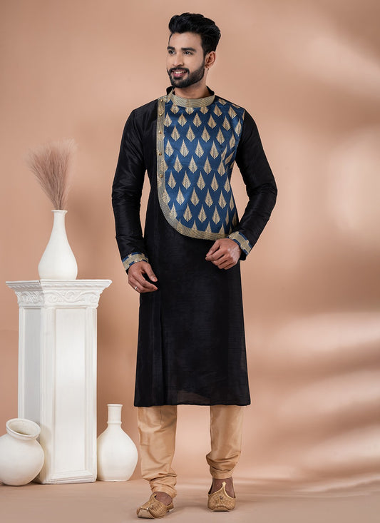 Fancy Work Banarasi Silk Black Kurta Pyjama - M6987