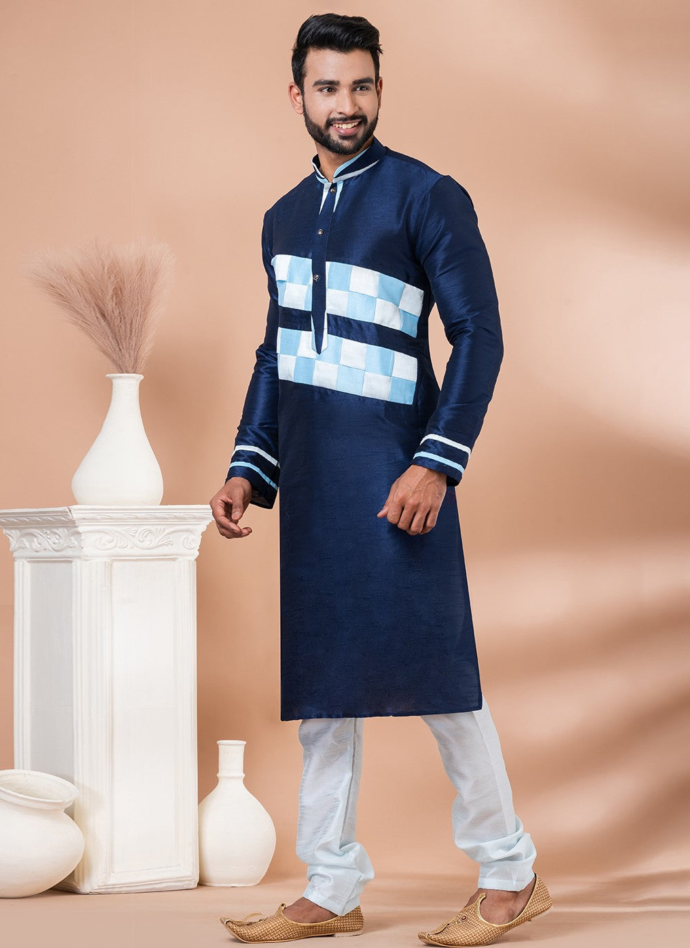 Fancy Work Banarasi Silk Navy Blue Kurta Pyjama - M6982