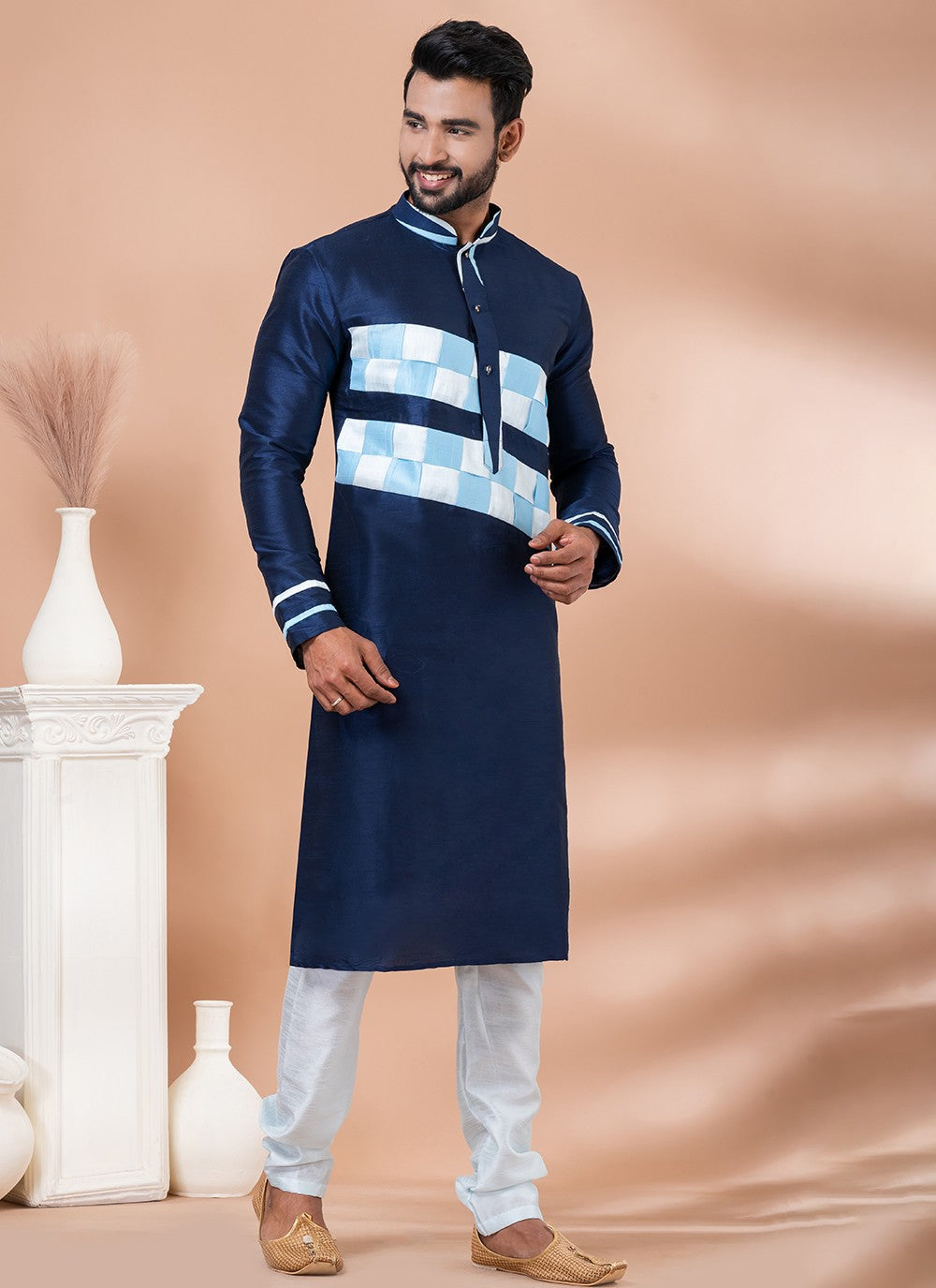 Fancy Work Banarasi Silk Navy Blue Kurta Pyjama - M6982