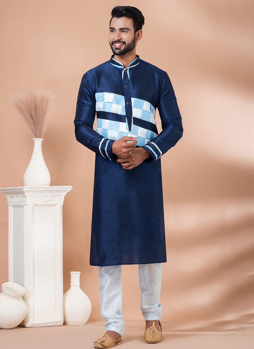 Fancy Work Banarasi Silk Navy Blue Kurta Pyjama - M6982