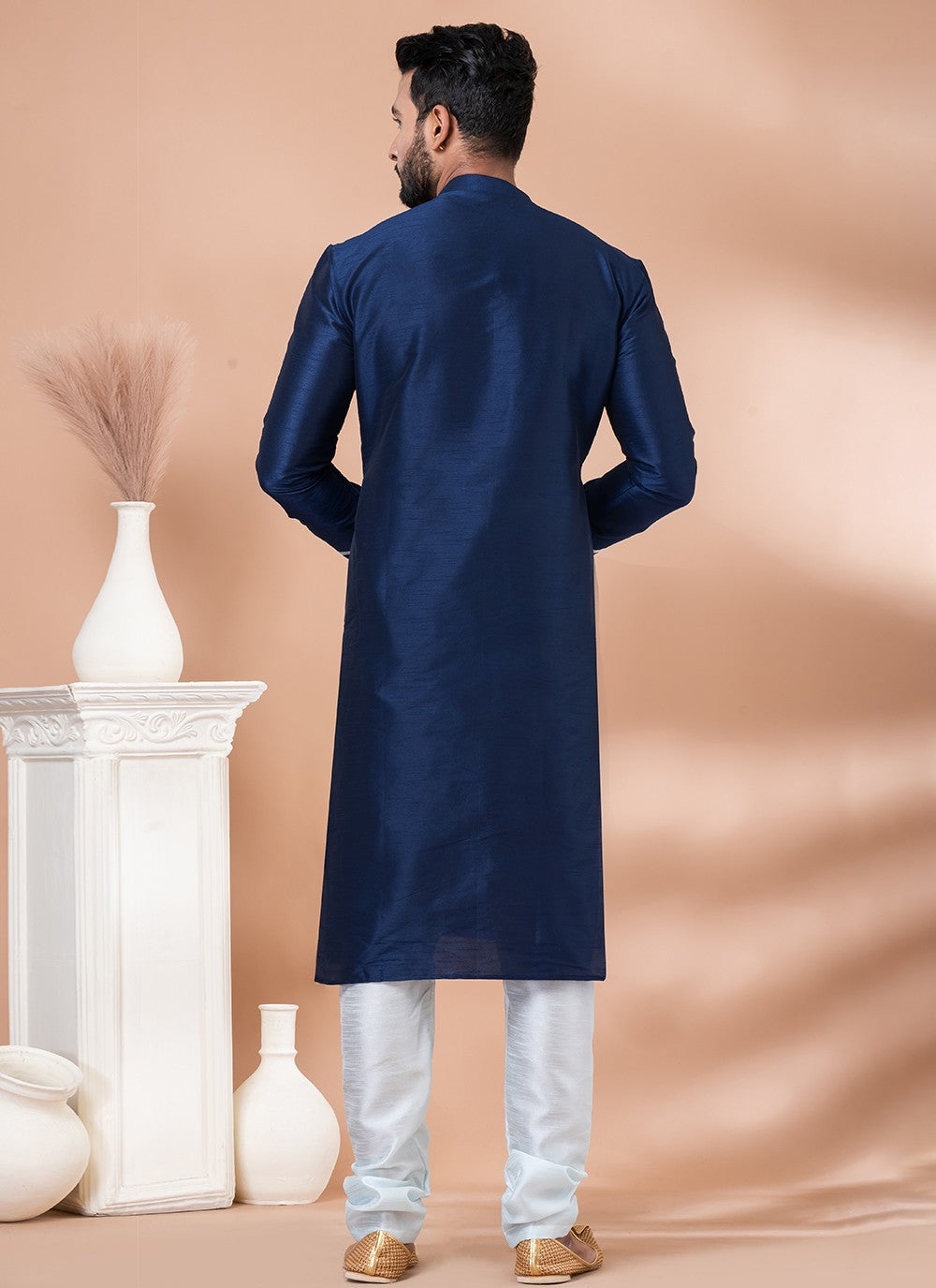 Fancy Work Banarasi Silk Navy Blue Kurta Pyjama - M6982