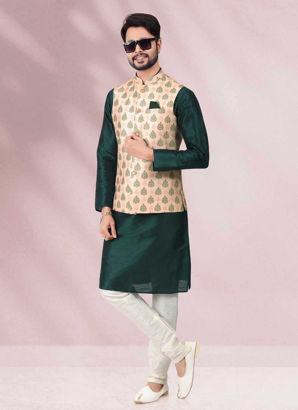 Printed Banarasi Silk Green, Peach Kurta Payjama With Jacket - M4583