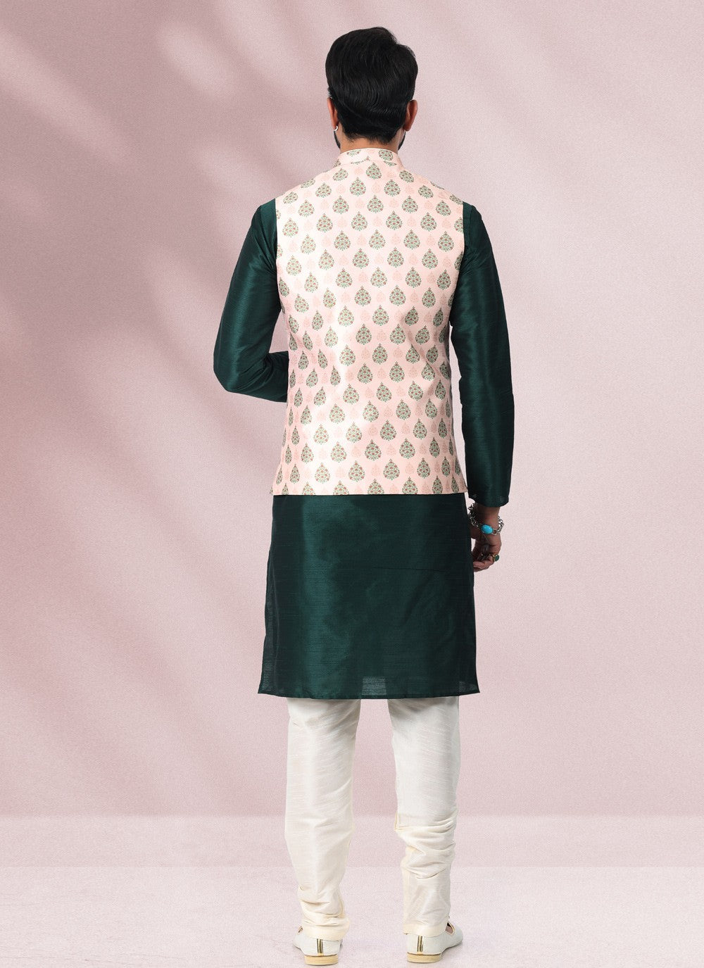 Printed Banarasi Silk Green, Peach Kurta Payjama With Jacket - M4583