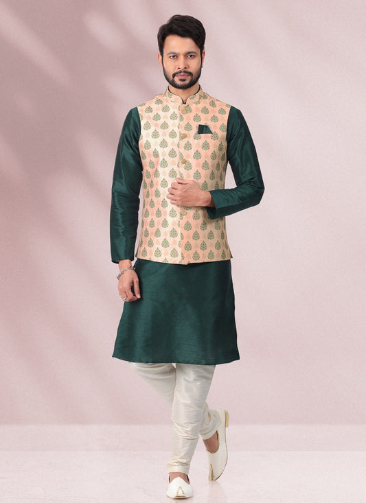 Printed Banarasi Silk Green, Peach Kurta Payjama With Jacket - M4583