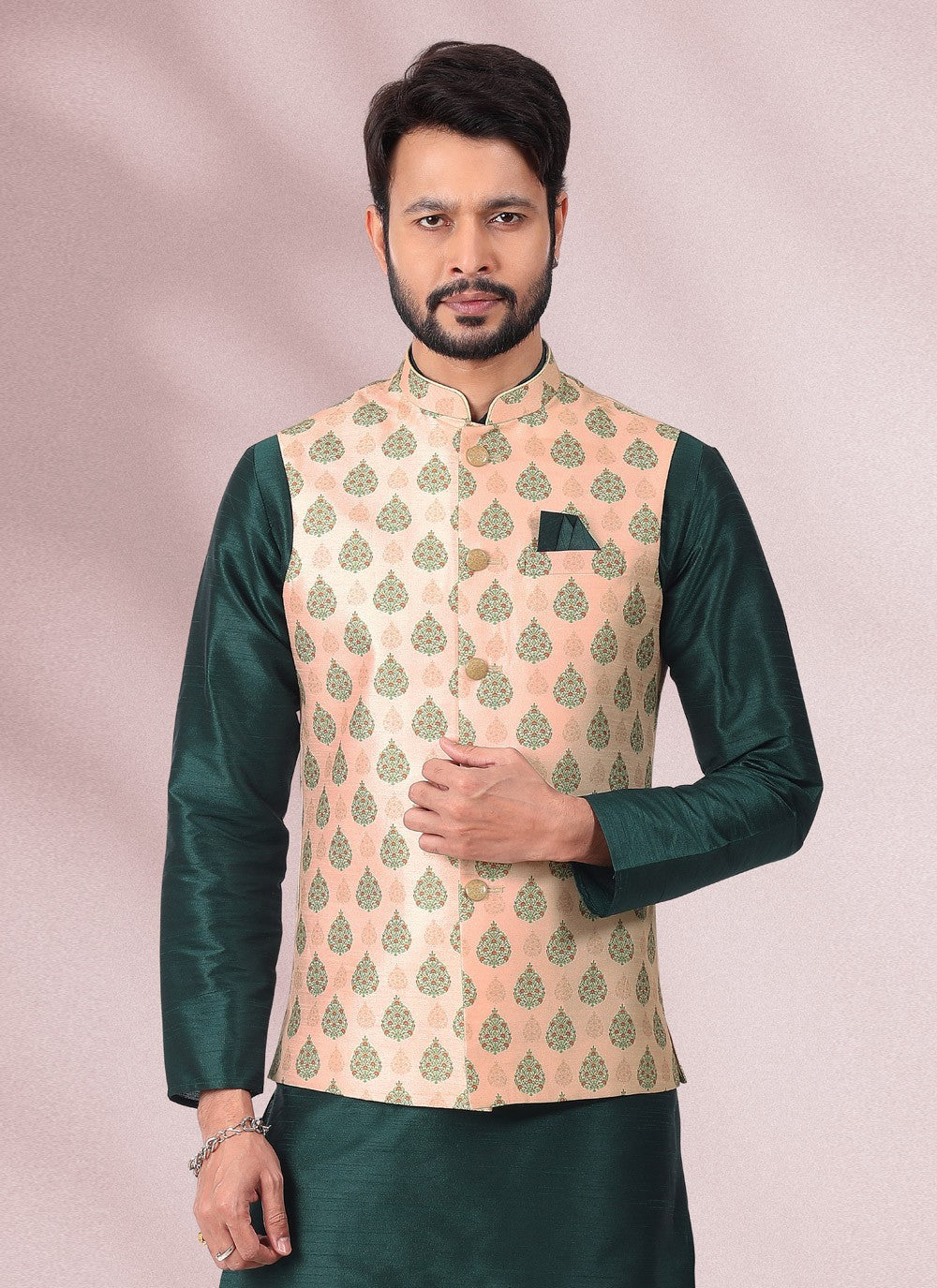 Printed Banarasi Silk Green, Peach Kurta Payjama With Jacket - M4583