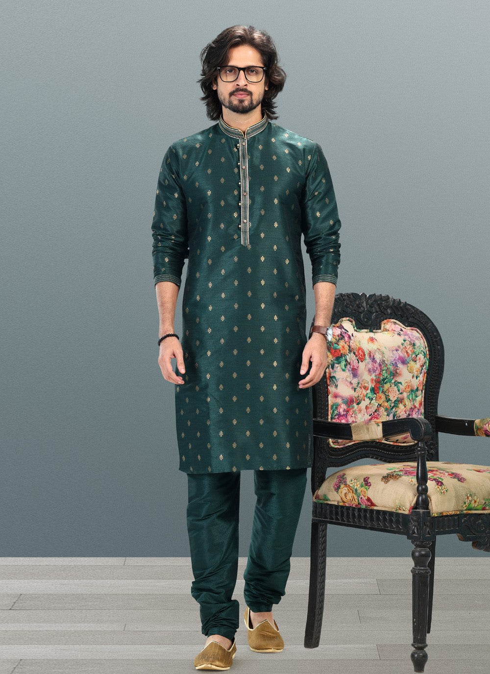 Fancy Work Banarasi Silk, Jacquard Green Kurta Pyjama - M4843