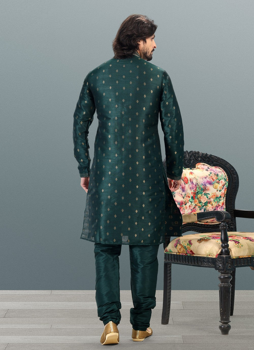 Fancy Work Banarasi Silk, Jacquard Green Kurta Pyjama - M4843