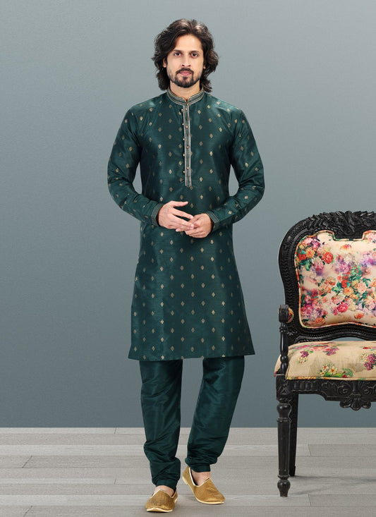 Fancy Work Banarasi Silk, Jacquard Green Kurta Pyjama - M4843