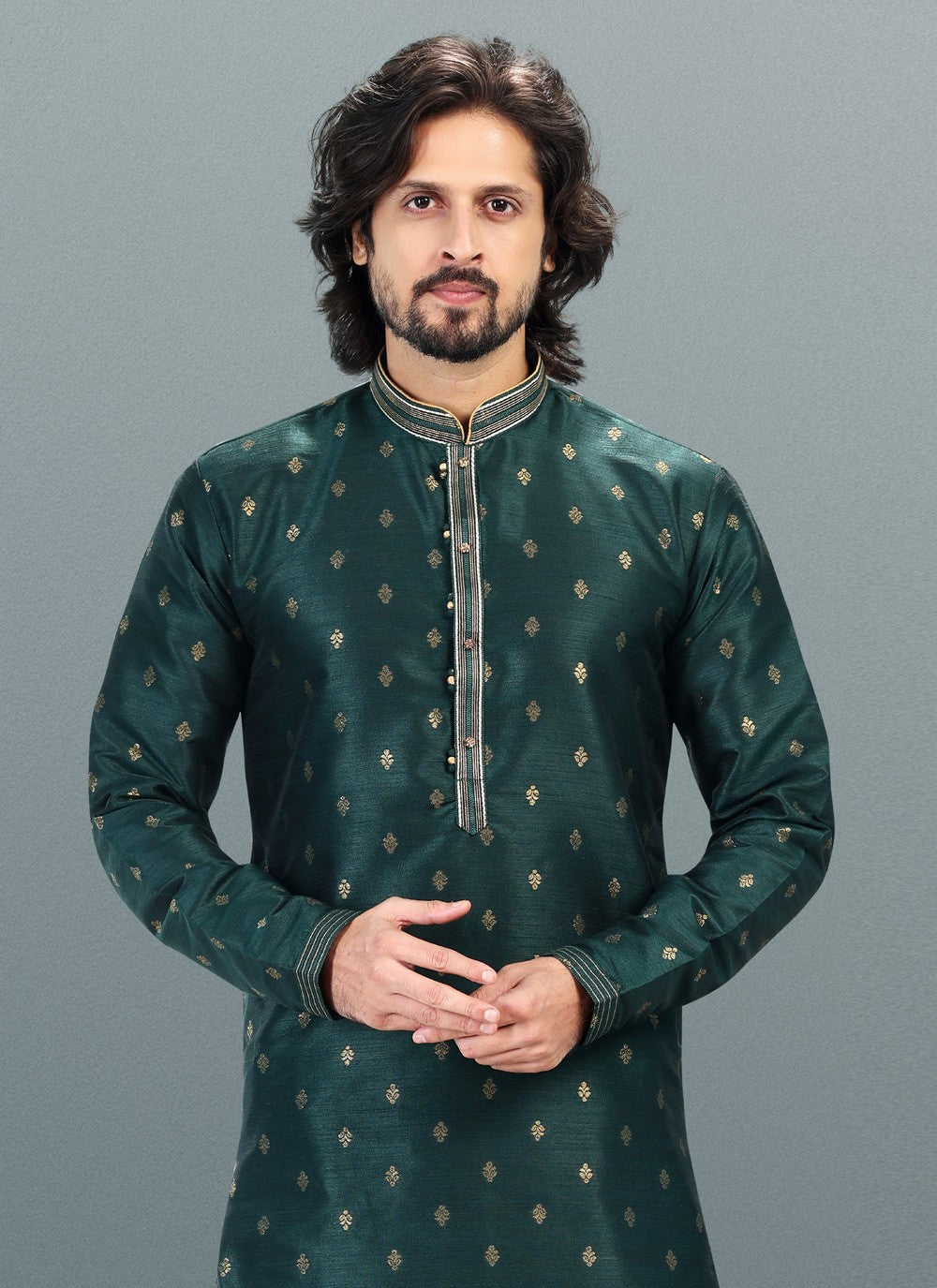 Fancy Work Banarasi Silk, Jacquard Green Kurta Pyjama - M4843