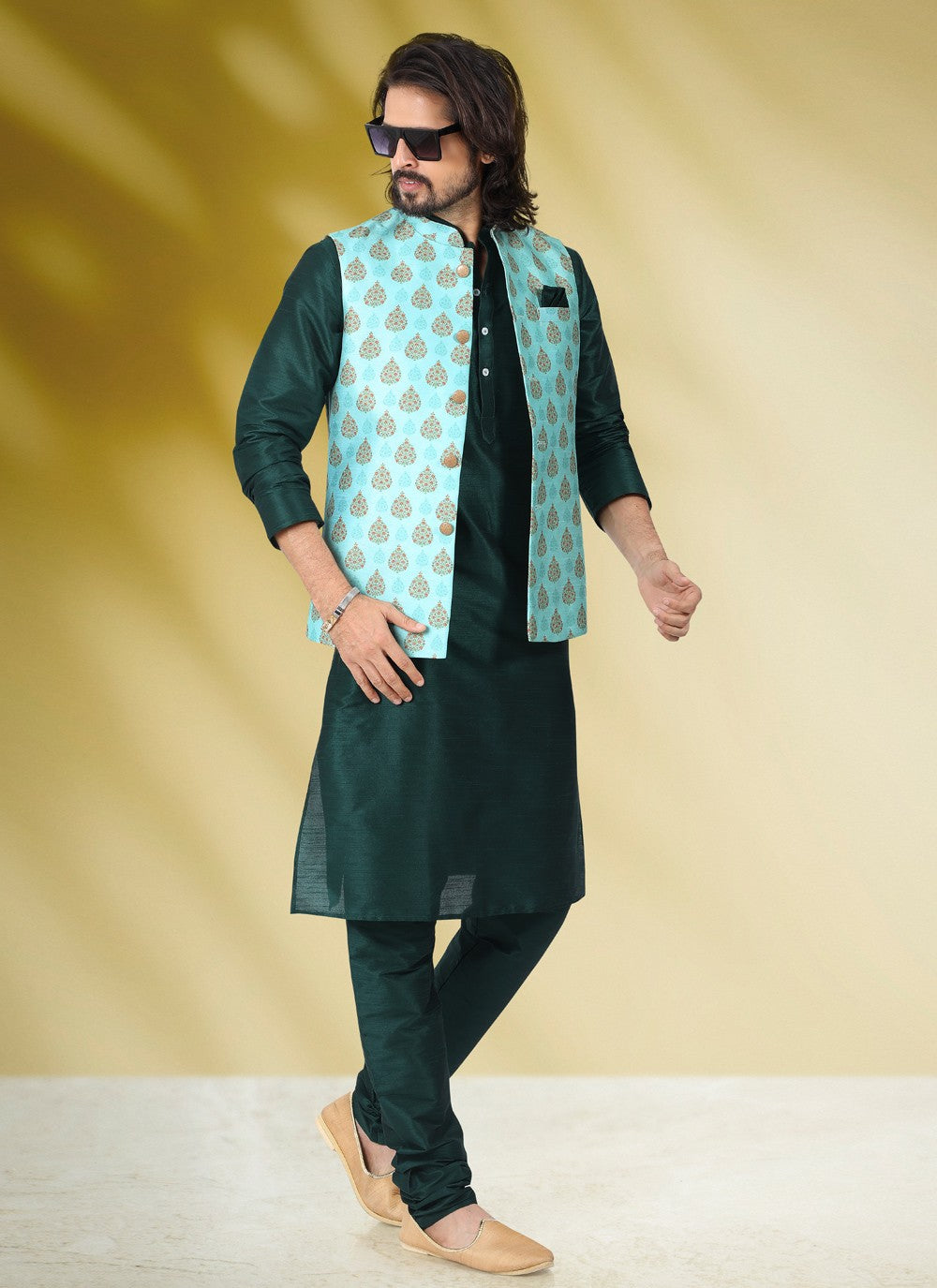 Printed Banarasi Silk Green Kurta Payjama With Jacket - M4584