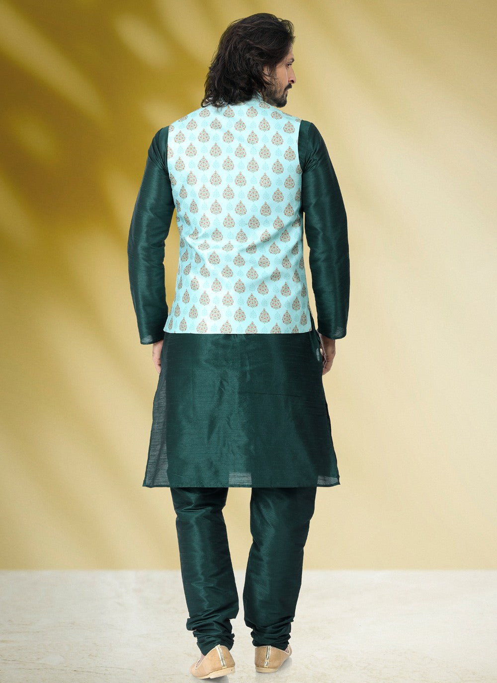 Printed Banarasi Silk Green Kurta Payjama With Jacket - M4584