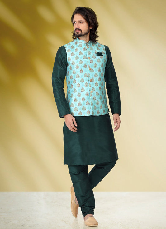 Printed Banarasi Silk Green Kurta Payjama With Jacket - M4584