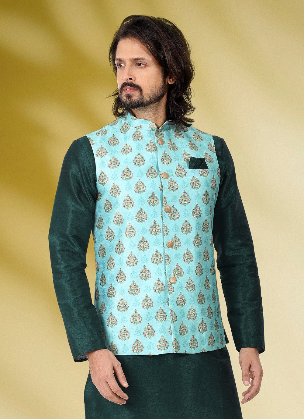 Printed Banarasi Silk Green Kurta Payjama With Jacket - M4584