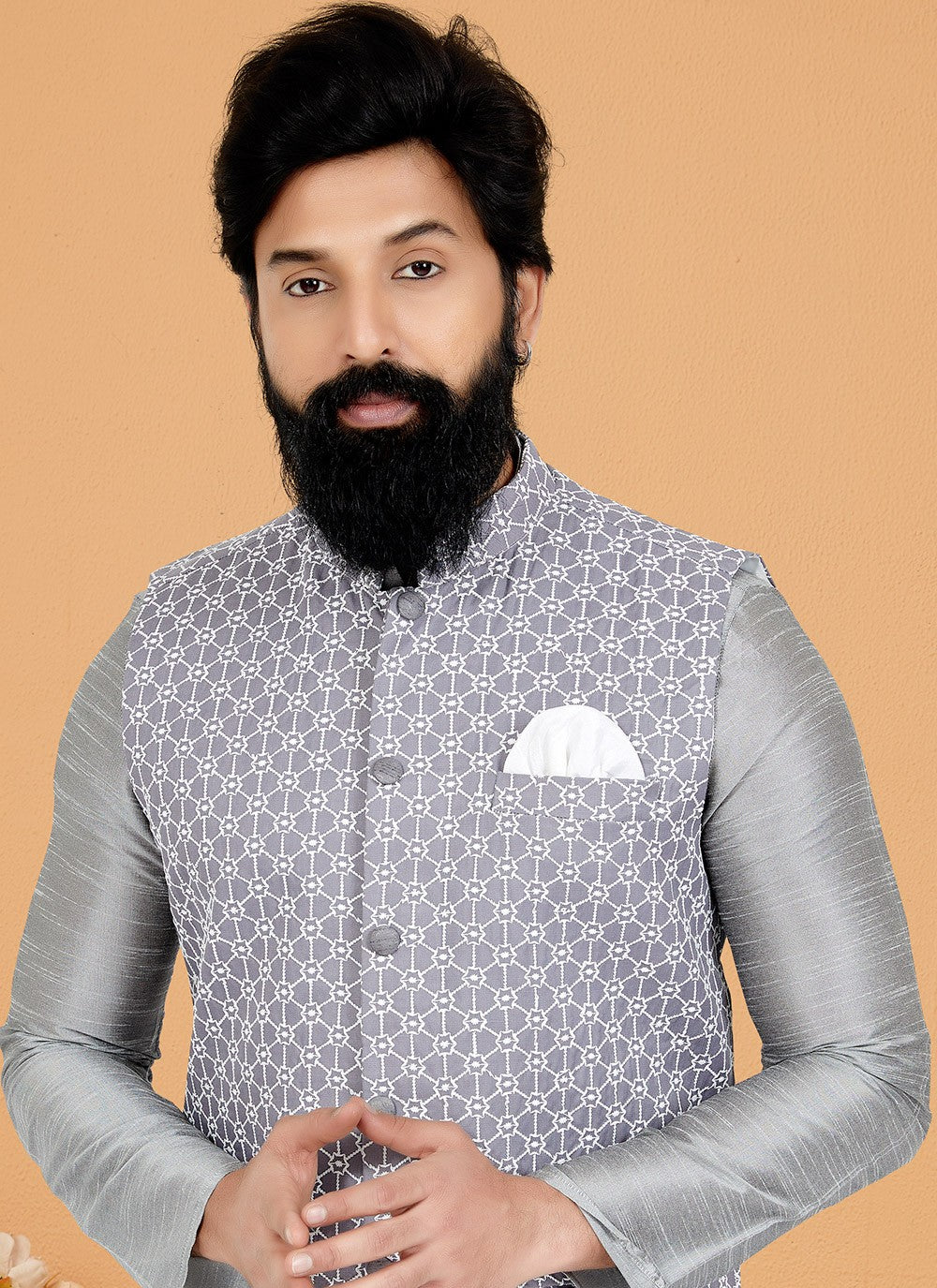 Fancy Work Banarasi Silk Grey Kurta Payjama With Jacket - M5322