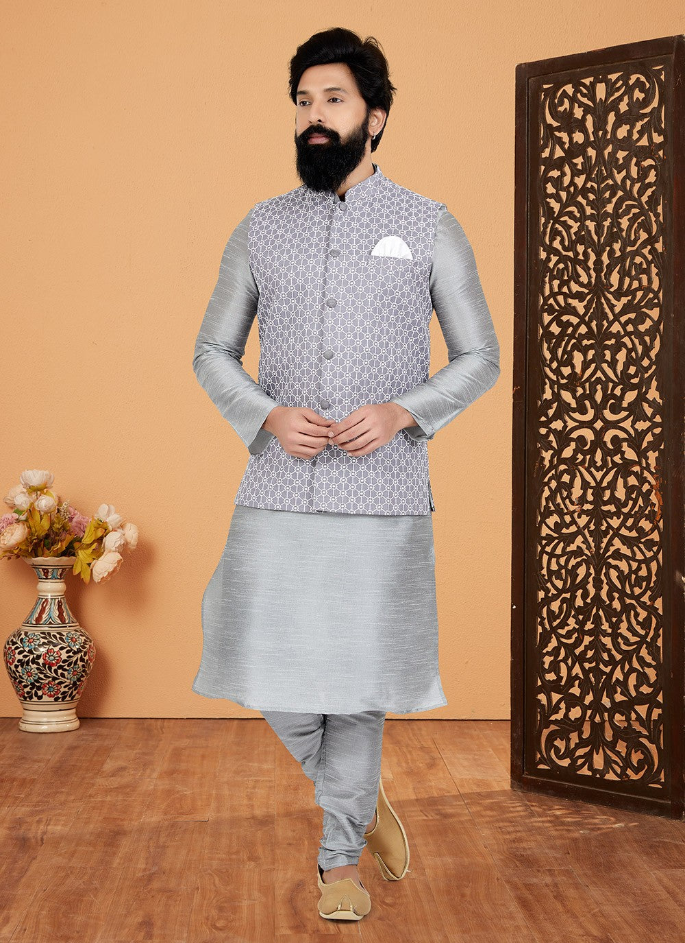 Fancy Work Banarasi Silk Grey Kurta Payjama With Jacket - M5322