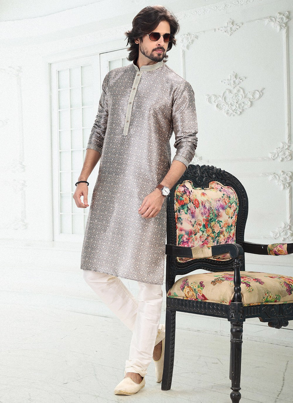 Digital Print Banarasi Silk Grey Kurta Pyjama - M4915