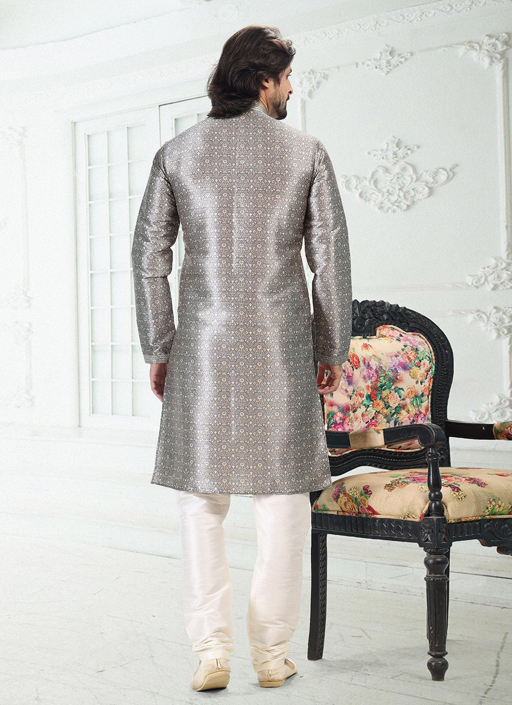 Digital Print Banarasi Silk Grey Kurta Pyjama - M4915