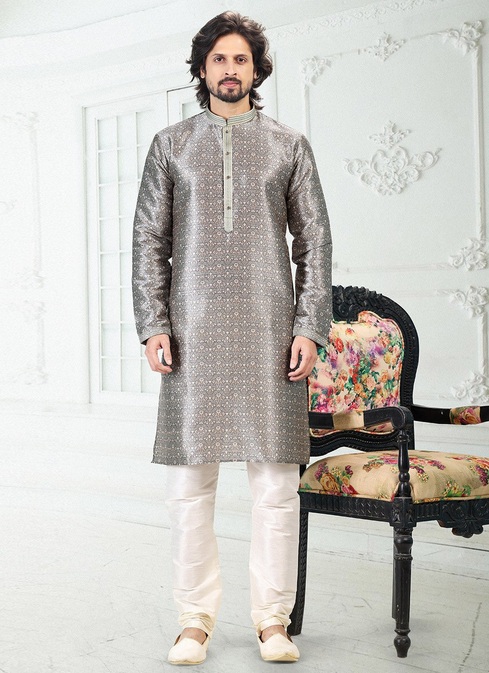 Digital Print Banarasi Silk Grey Kurta Pyjama - M4915